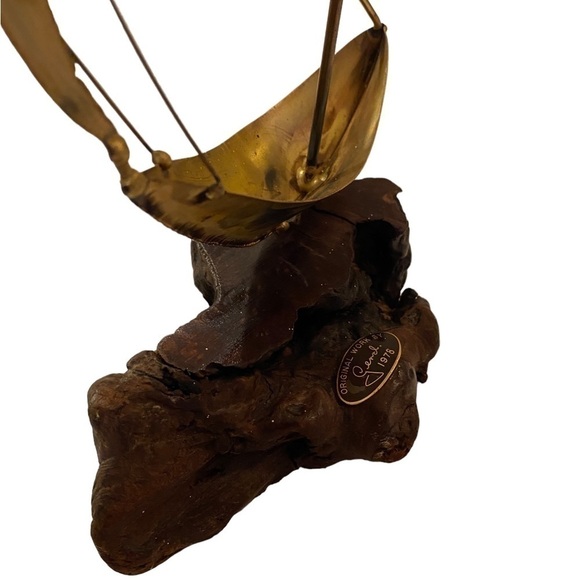 Vintage Mid Century Modern Brass Sailboat, Burl Wood Mount Artist Made - Picture 6 of 12